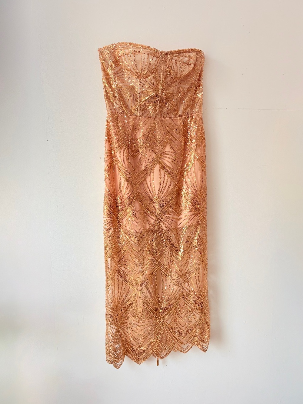 BRONX AND BANCO Giselle Strapless Sequin Midi Dress - Gold Party Cocktail Gown - Picture 10 of 16
